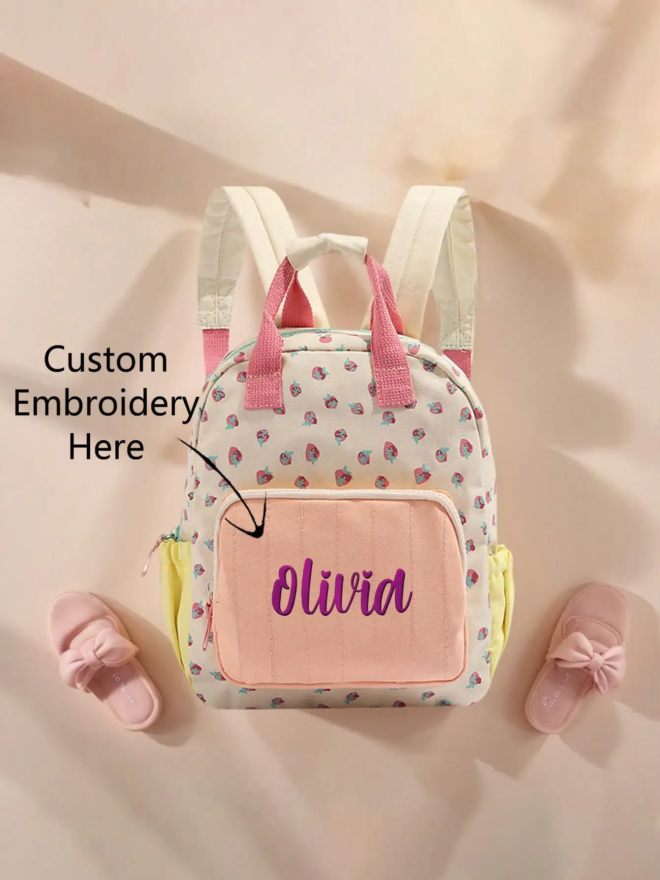 Ransel Anak Stroberi Lucu Tas Sekolah Nama Bordir Kustom untuk Anak Perempuan Ransel Kanvas Balita Tas Buku Anak TK