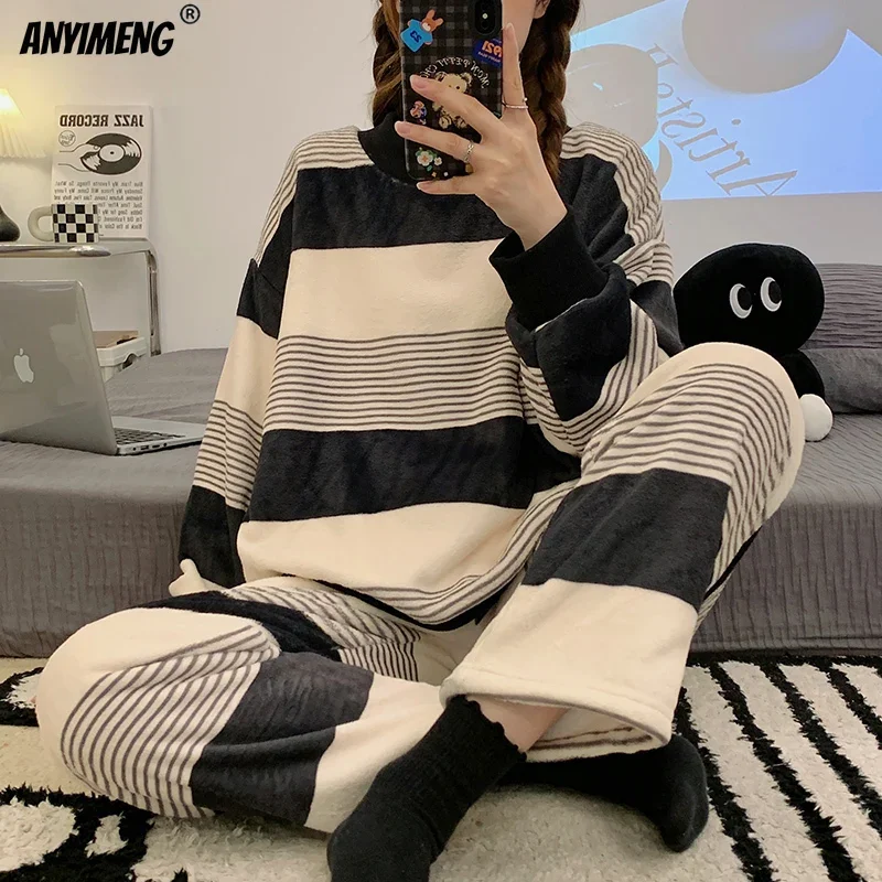 Cute Panda Printing Korean Kawaii Winter Women Pajamas Flannel Homesuits Pullover Long Sleeves Nightwear Teddy Sleepwear Pijamas