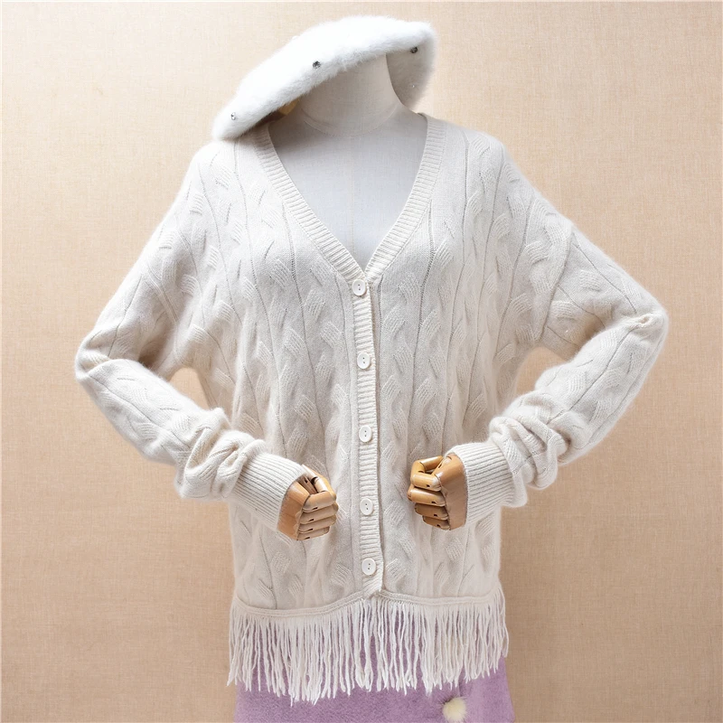 Ladies Women Spring Autumn Fashion Beige Hairy Cashmere Wool Knitted Fashion Tassel V-Neck Loose Cardigans Sweater Jacket Pull
