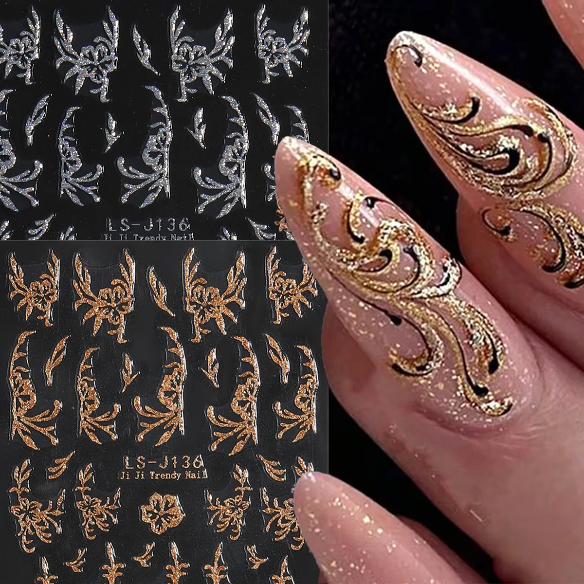 

Набор из 2 наклеек для ногтей с золотым блеском и кружевным цветочным узором – Самоклеящиеся украшения для ногтей весна/лето, элегантный цветочный рисунок, золотистый блеск