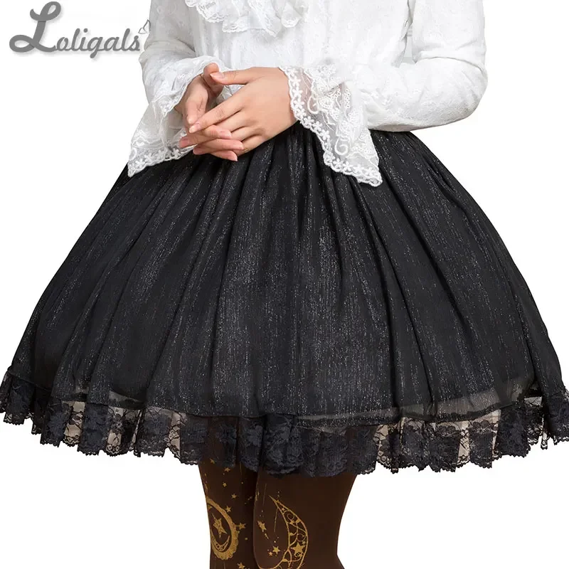 Beautiful Black Bling Bling Glittering Short Skirt Mori Girl Mini Skirt with Lace Trimming