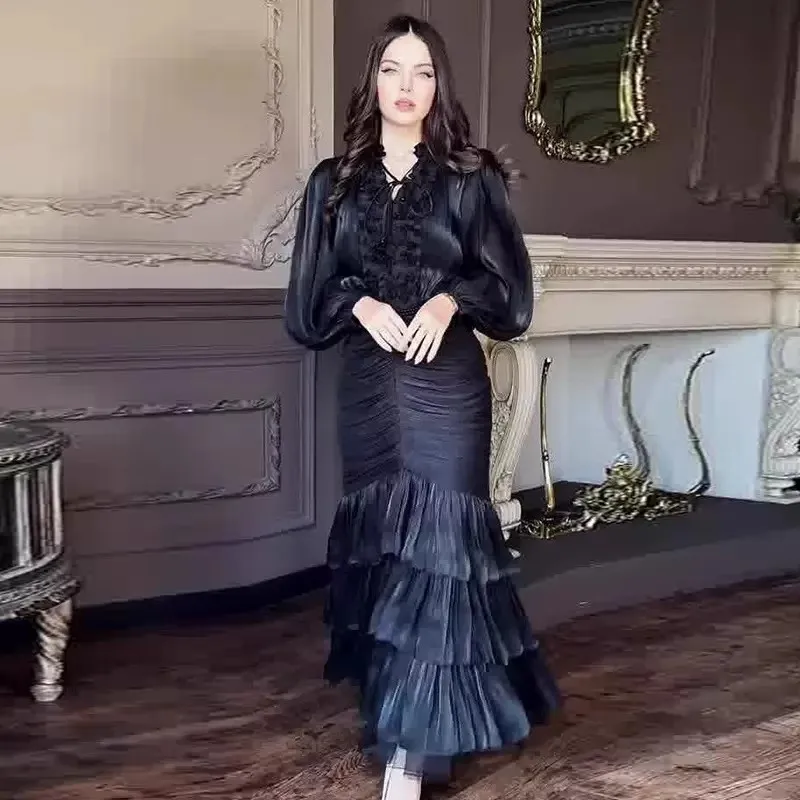 Damasco elegante vestido feminino manga longa em camadas babados vintage vestidos bodycon chique cintura alta pano senhora