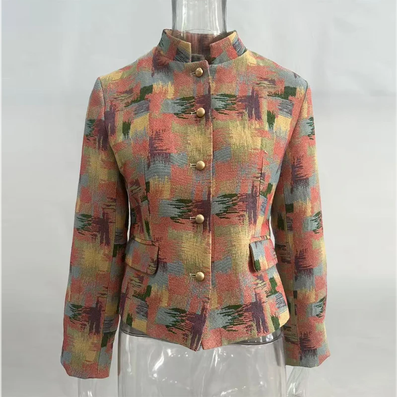 Damen-Crop-Mäntel mit Stehkragen, Jacquard-Muster, langärmelig, Herbst, einreihig, mit Paneelen, schicke neue Oberbekleidung – Detail 6