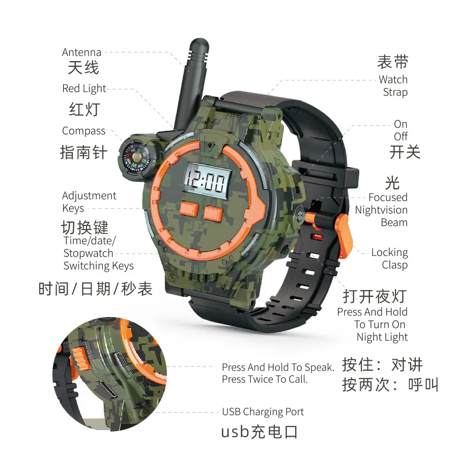 Orologio per bambini Walkie Talkie Genitore-figlio Attività all'aperto Comunicazione wireless remota interna Citofono Ricarica Giocattoli Regalo