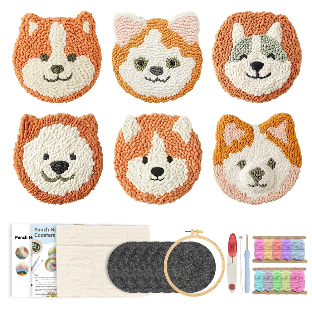 

CHENISTORY 6pcs/set Dog Pattern Punch Needle Coasters DIY Embroidery Craft Kit Suitable for Beginner Adults Handmade Home Decor