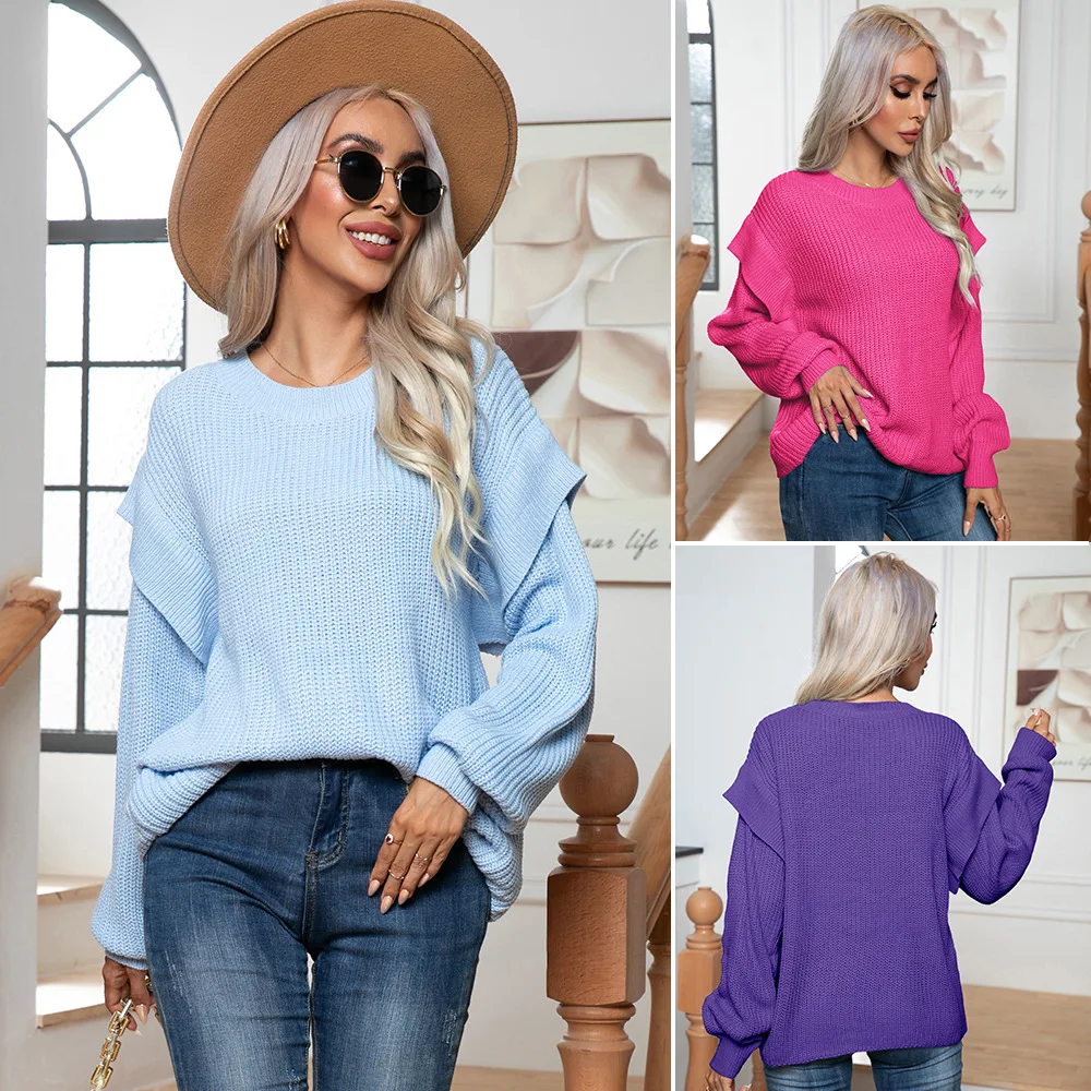 

Explosions fashion shoulder long sleeve loose knit sweater women's new European and American women's wear