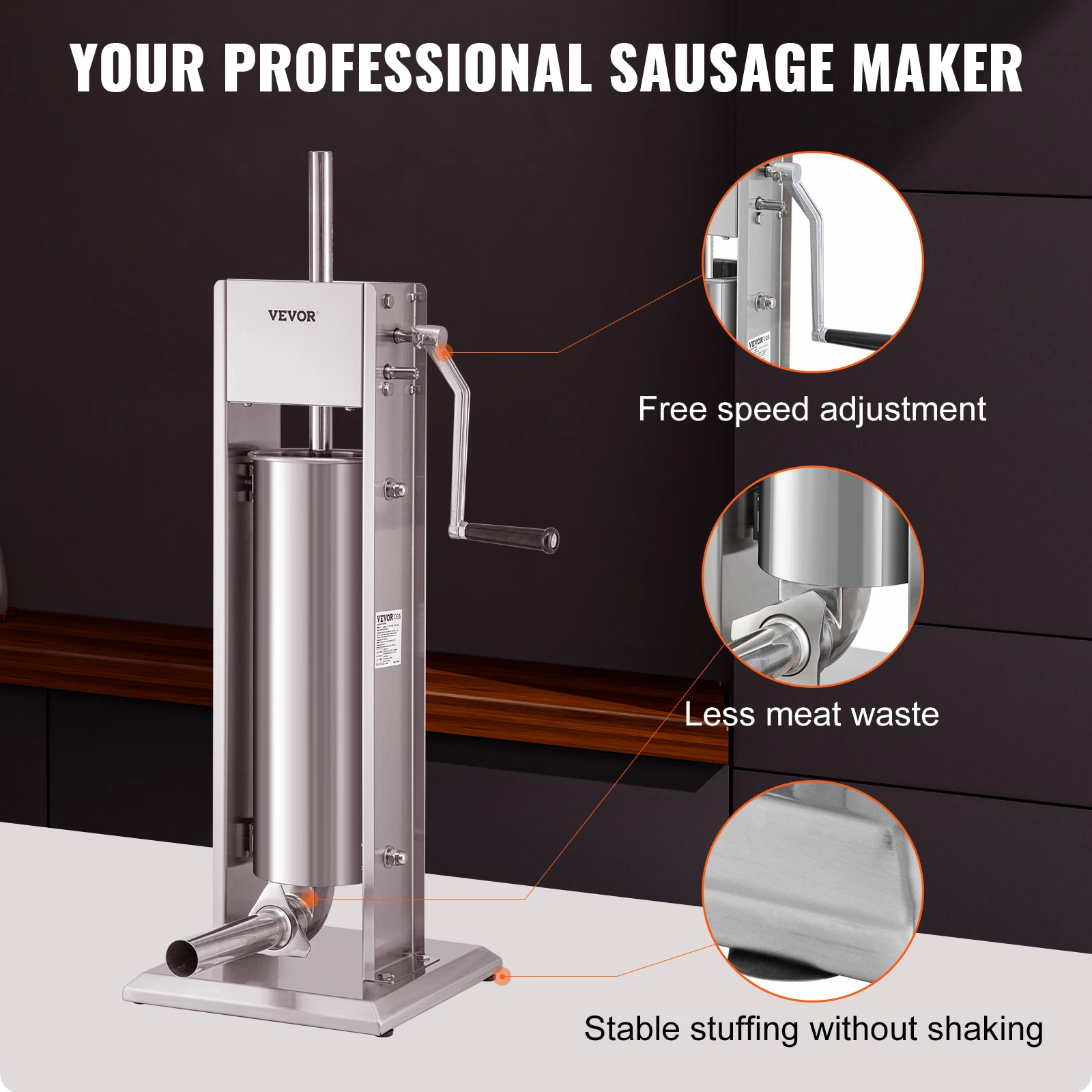 3 5 7L Vertical Manual Sausage Stuffer Stainless Steel Sausage Maker with 5 Filling Funnels for Home Commercial Use