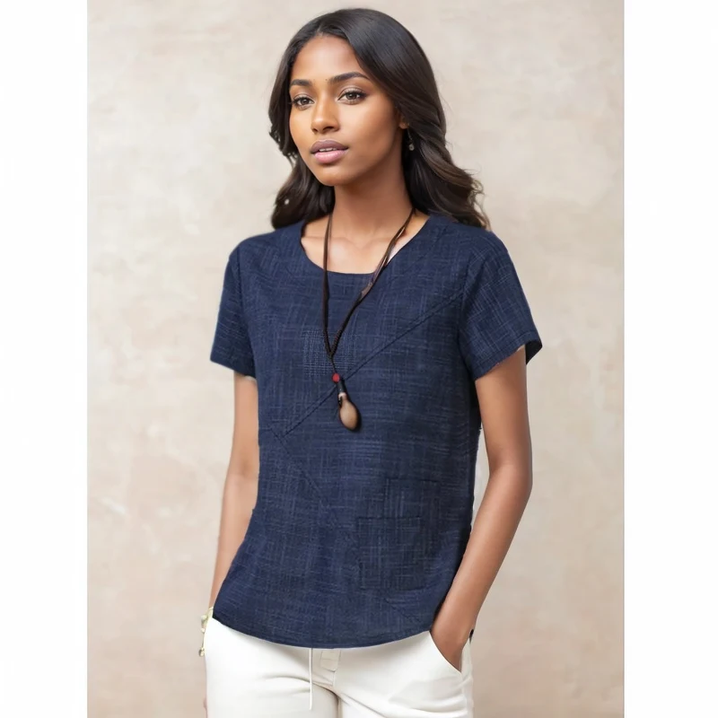 Повседневная женская офисная блузка с круглым вырезом, винтажный льняной хлопковый топ с короткими рукавами, средний вес Повседневная женская офисная блузка с круглым вырезом, винтажный льняной хлопковый топ с короткими рукавами, средний вес