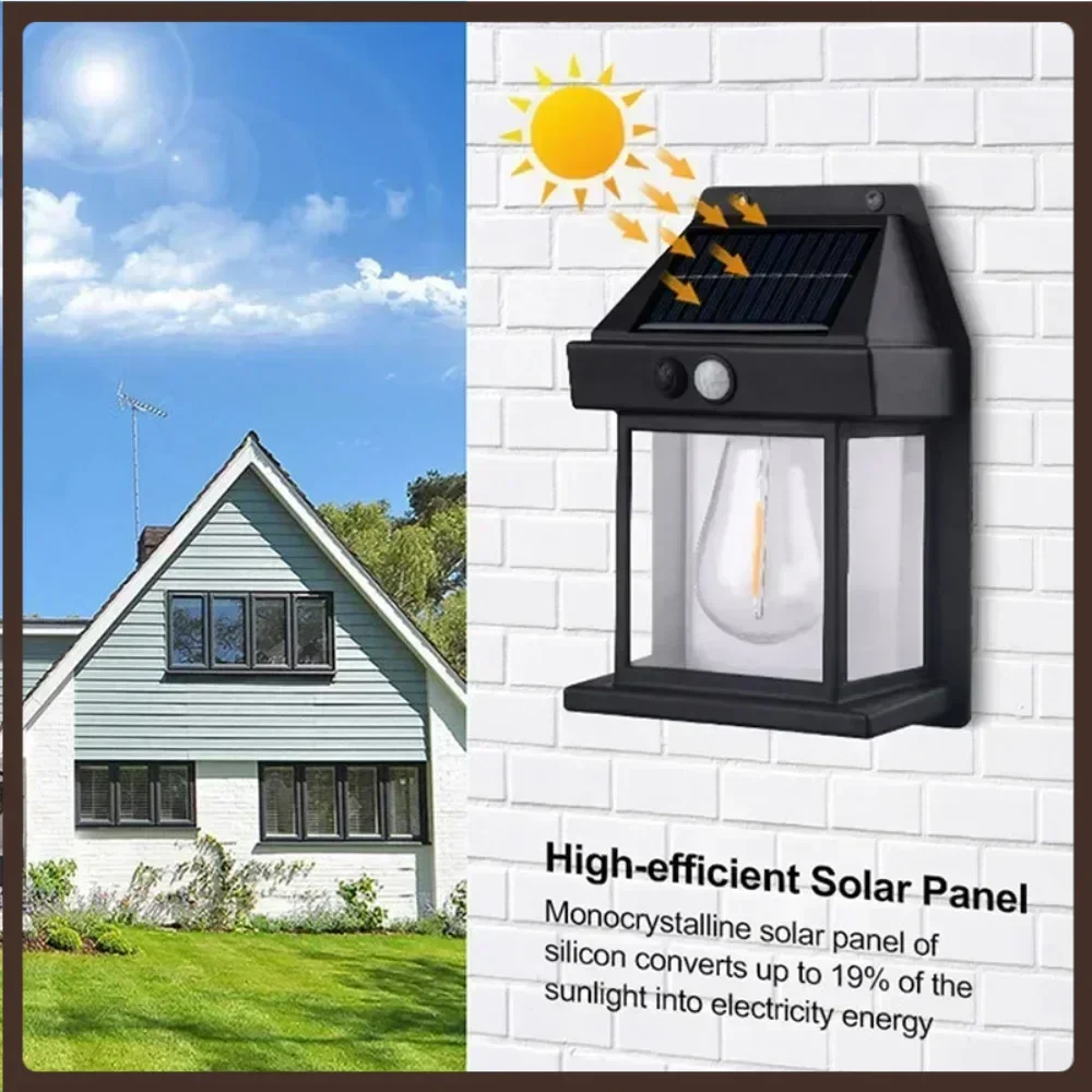 New Solar Tungsten Wall Lamp Three Modes Outdoor Villa Garden Courtyard Waterproof Decoration Induction Lantern Small Night Lamp