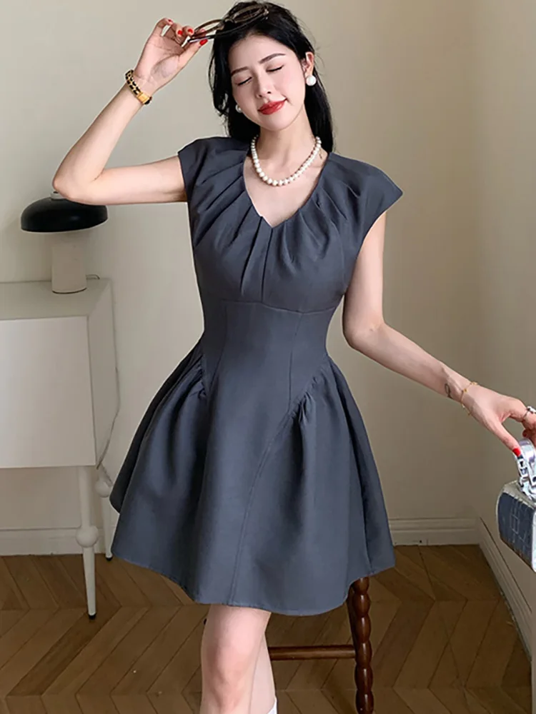 

2025 Solid Elegant Pleated V-Neck A-Line Short Dress Summer Short Sleeve Bodycon Casual Dress Women Korean Vintae Hepburn Dress