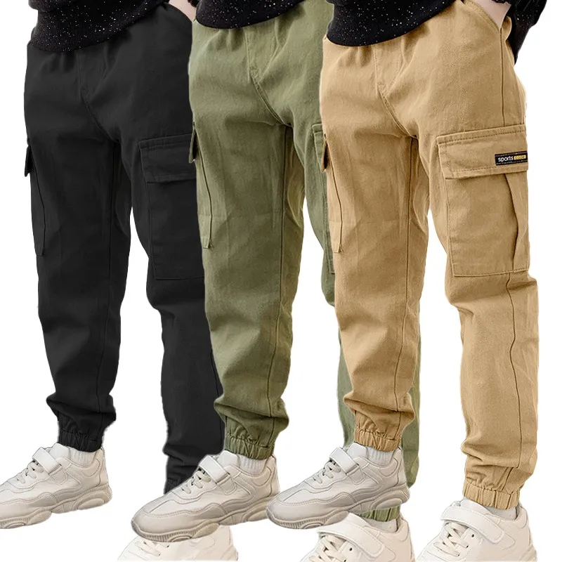 Boy's Cargo Pants Elastic Waistband Multiple Pockets Breathable Fabric Spring Fall Winter 5-15Y Boy's Clothes for Casual Wear