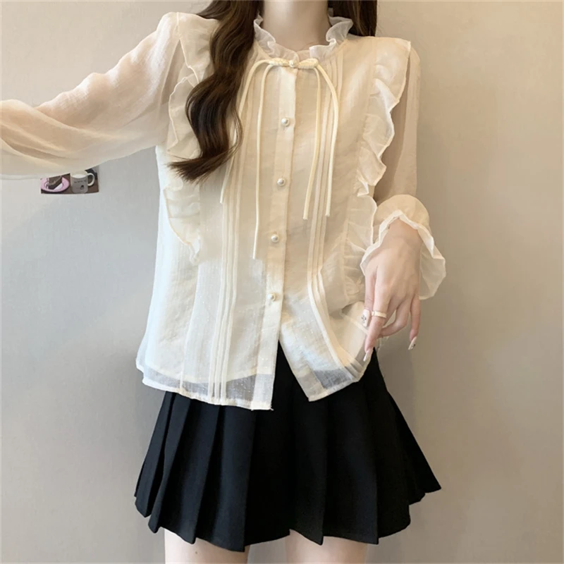 Women\'s Korean Fashion Ruffle Button Up Shirt Fairy Vintage Elegant Long Sleeve Blouse Female Casual Solid Loose Sweet Chic Tops