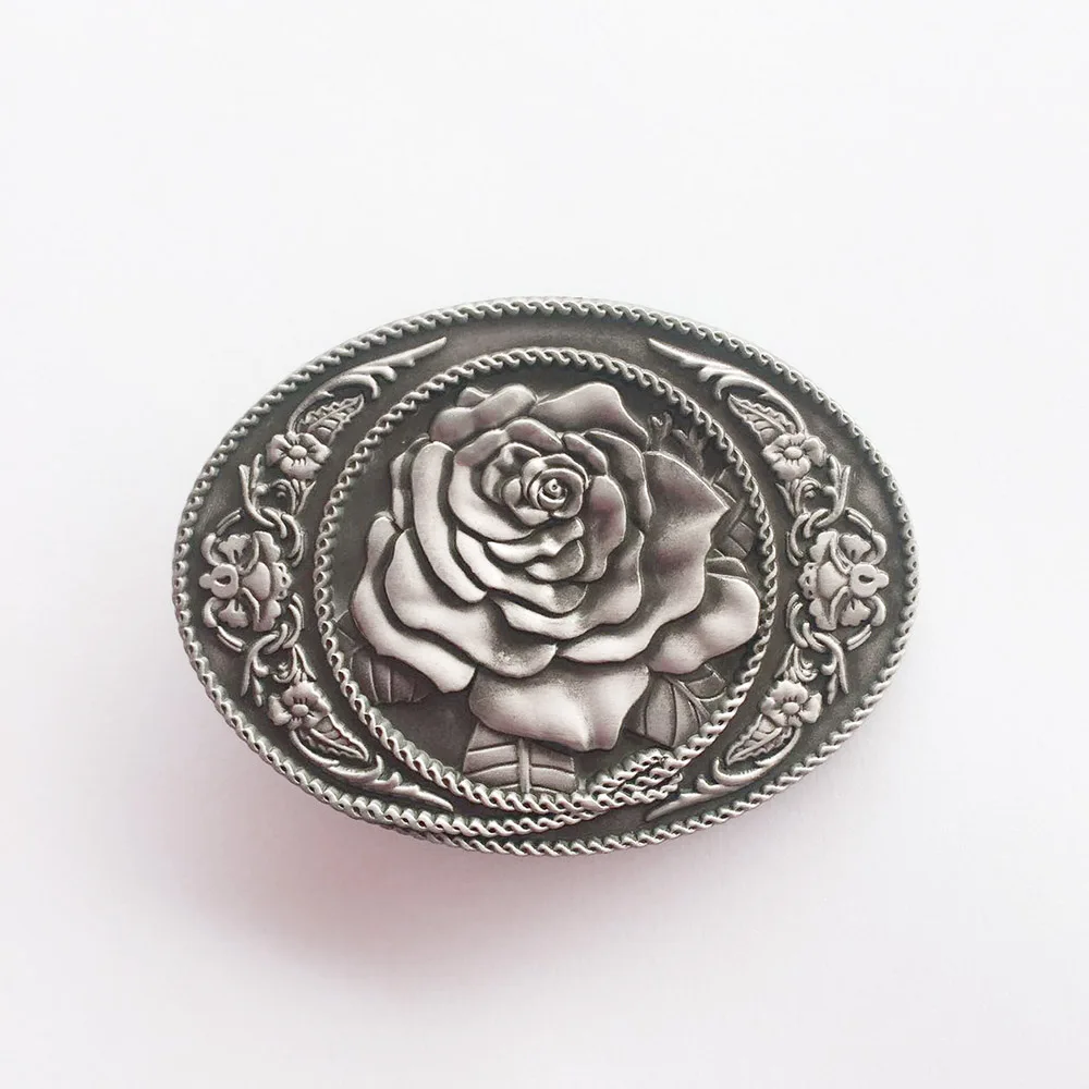 Antique Silver Western Rose Flower Oval Belt Buckle also Stock in US Boucle de ceinture BUCKLE-3D059AS Free Shipping