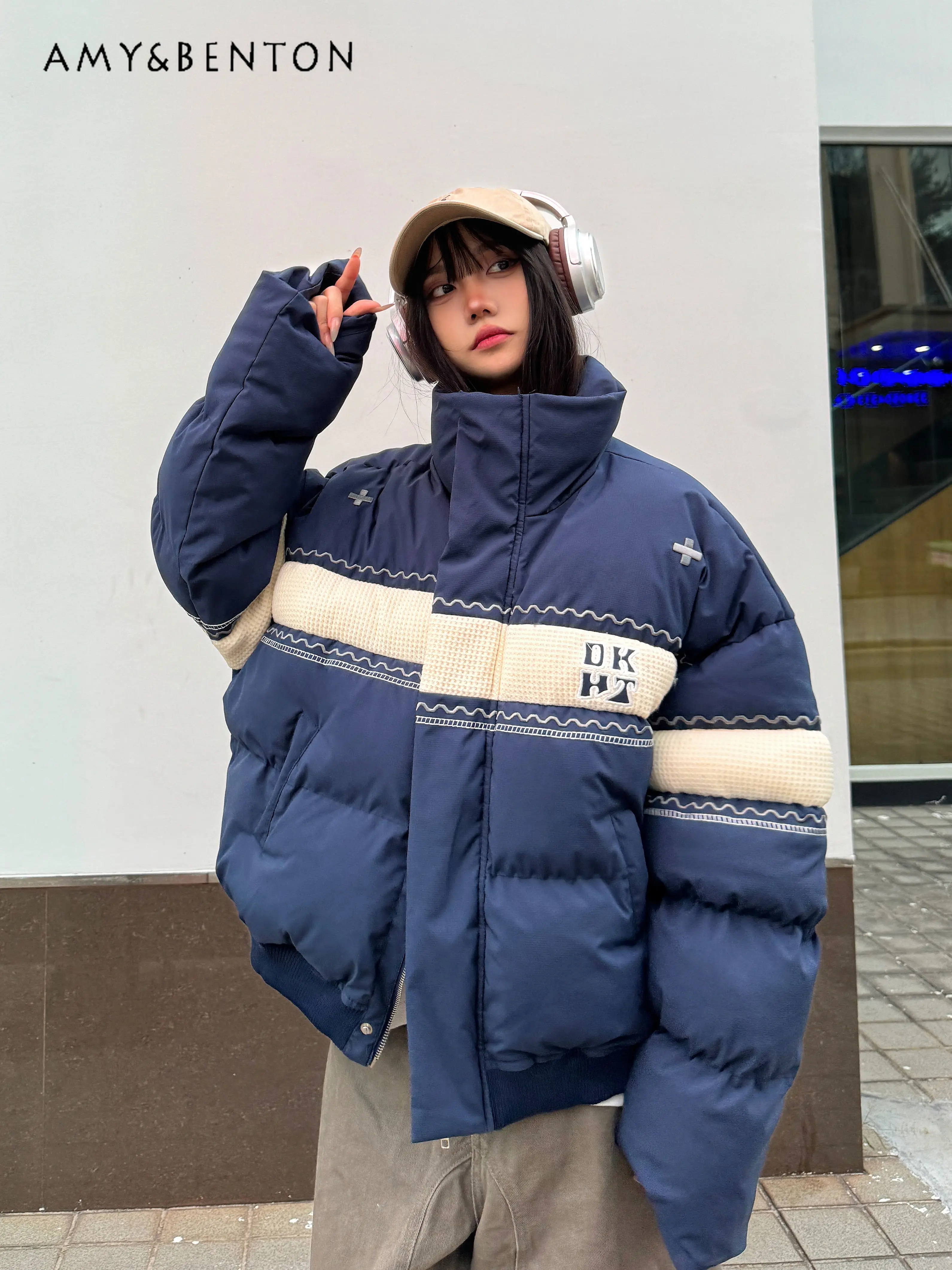 

2025 Winter New American Retro Style Women's Patchwork Apricot Cotton Jacket Thickened Warm Short Casual Navy Blue Cotton Coat