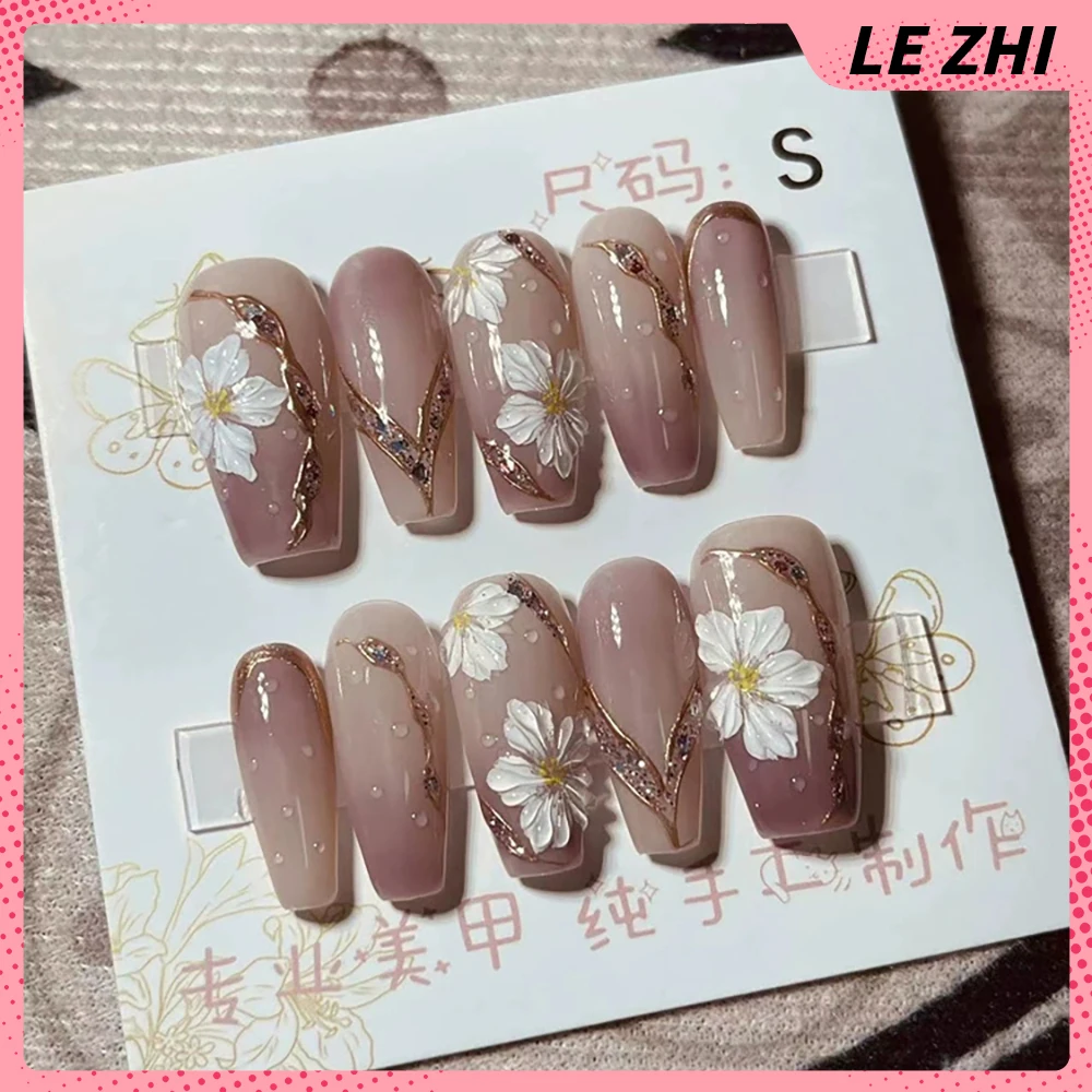 10Pcs Sweet Lovely Long Coffin Handmade Press On Nails Flowers Rhinestone Gradient Pearl Wearable Full Cover Fake Nails Tips