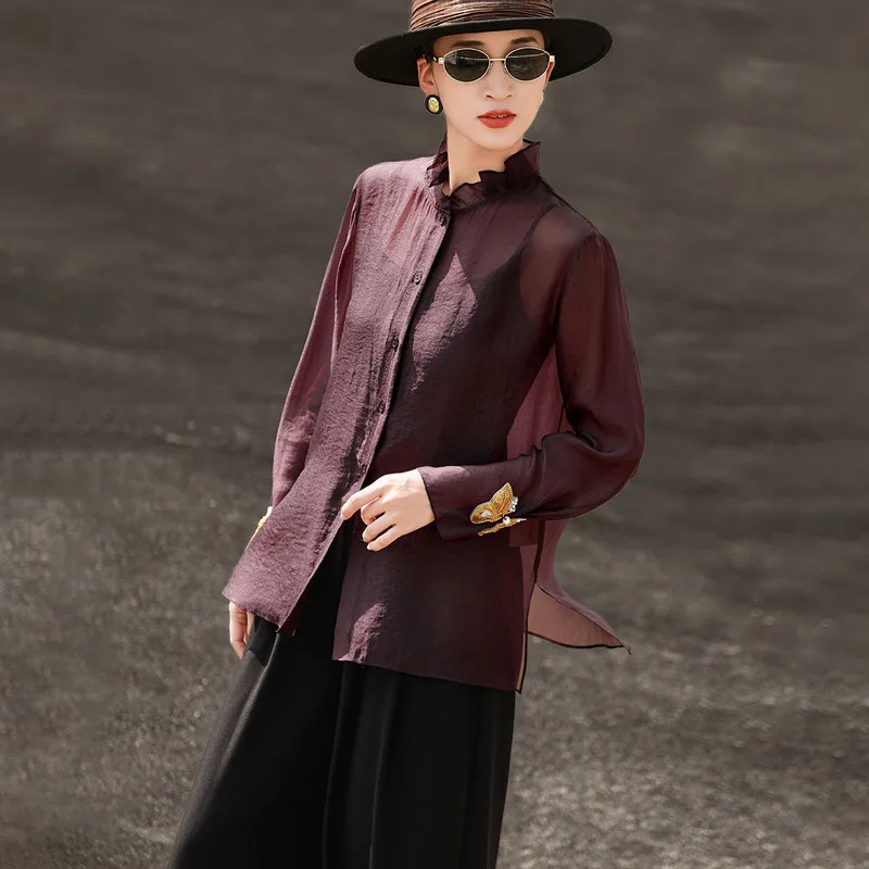 MEXCOCO Elegant French Gentle Style Ruffled Stand Collar Beaded Long Sleeve Blouse, Spring Autumn New Arrival