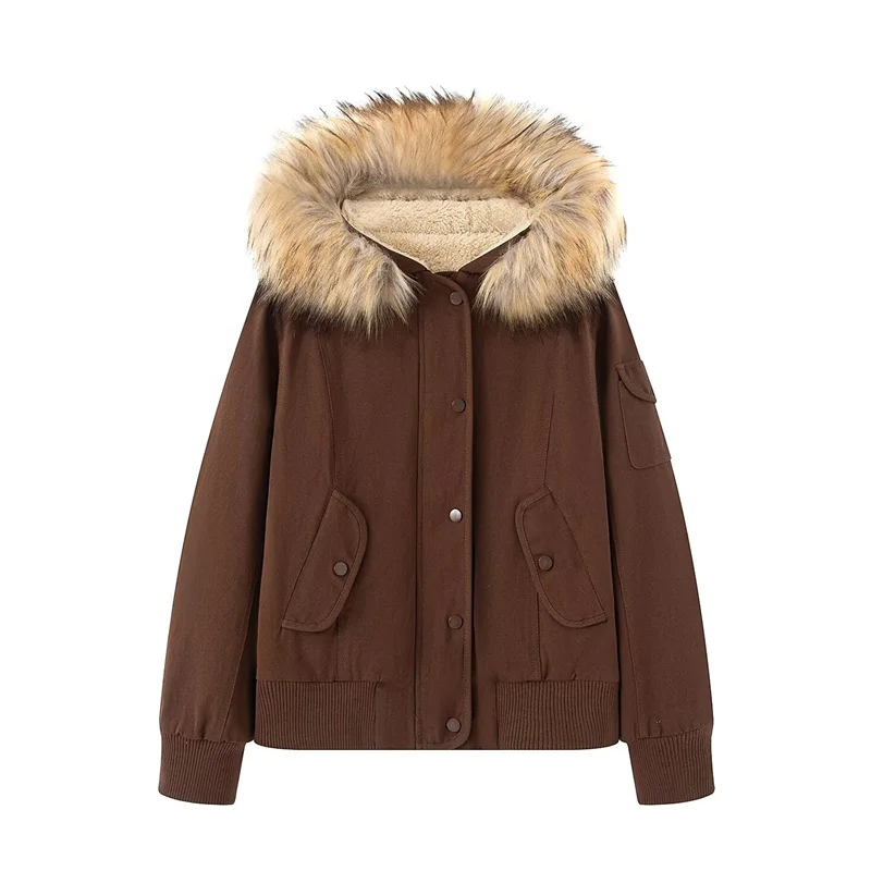 

Women's Jacket 2025 Autumn New Style Reddish-Brown Long Sleeve with Removable Fur Collar Hooded Coat Casual Fashion Versatile