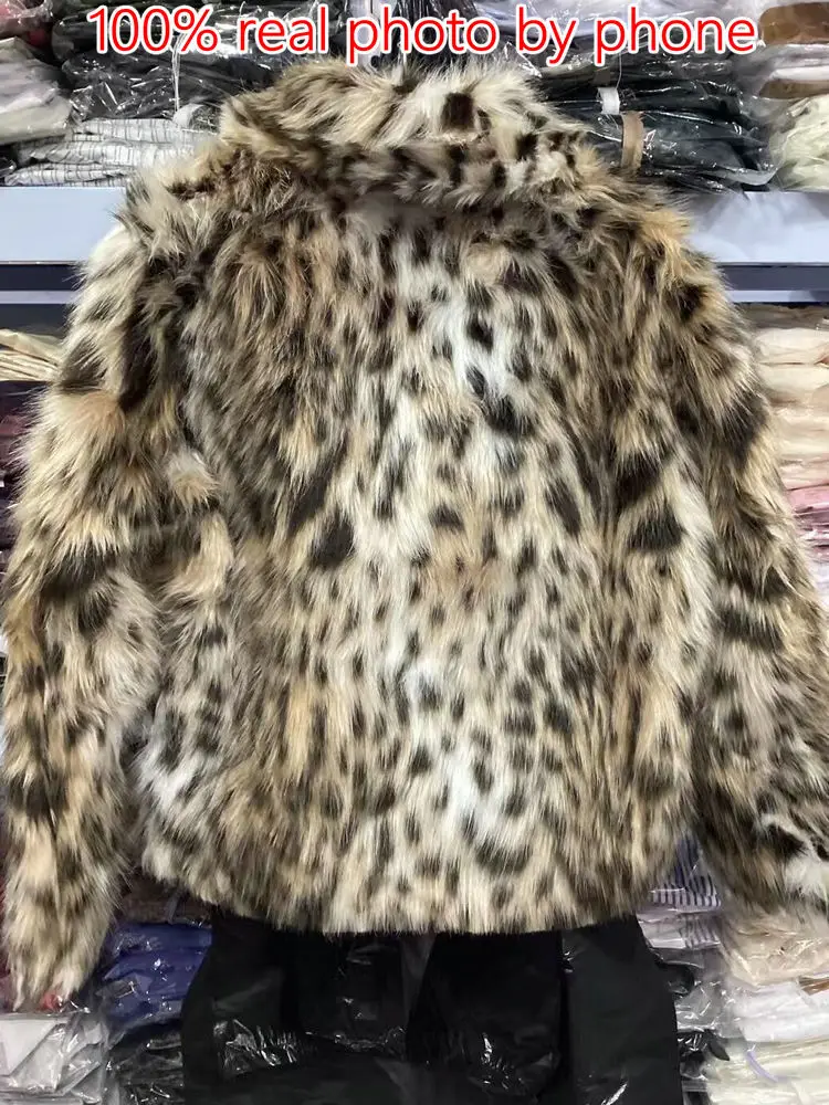 Women\'s Leopard Print Faux Fur Coat, Lapel, Long Sleeves, Side Pockets, Casual, Loose, Slim, Thick, Warm, Winter, New, 2025