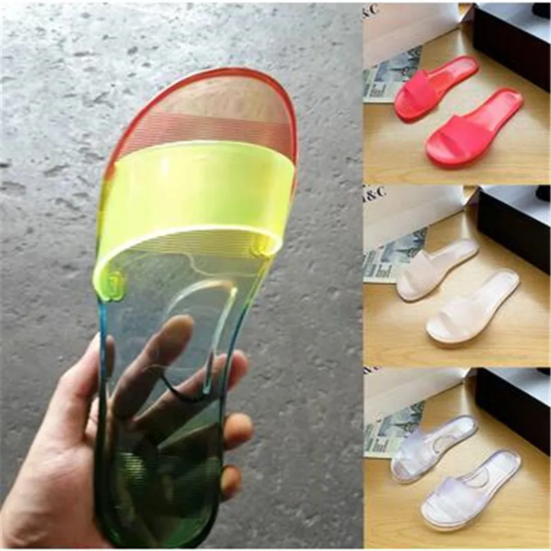 2022 Summer Women Candy Color Transparent Slides Flat Bottom Plus Size Beach Sandals Shoes Ladies Casual One-word Jelly Slippers