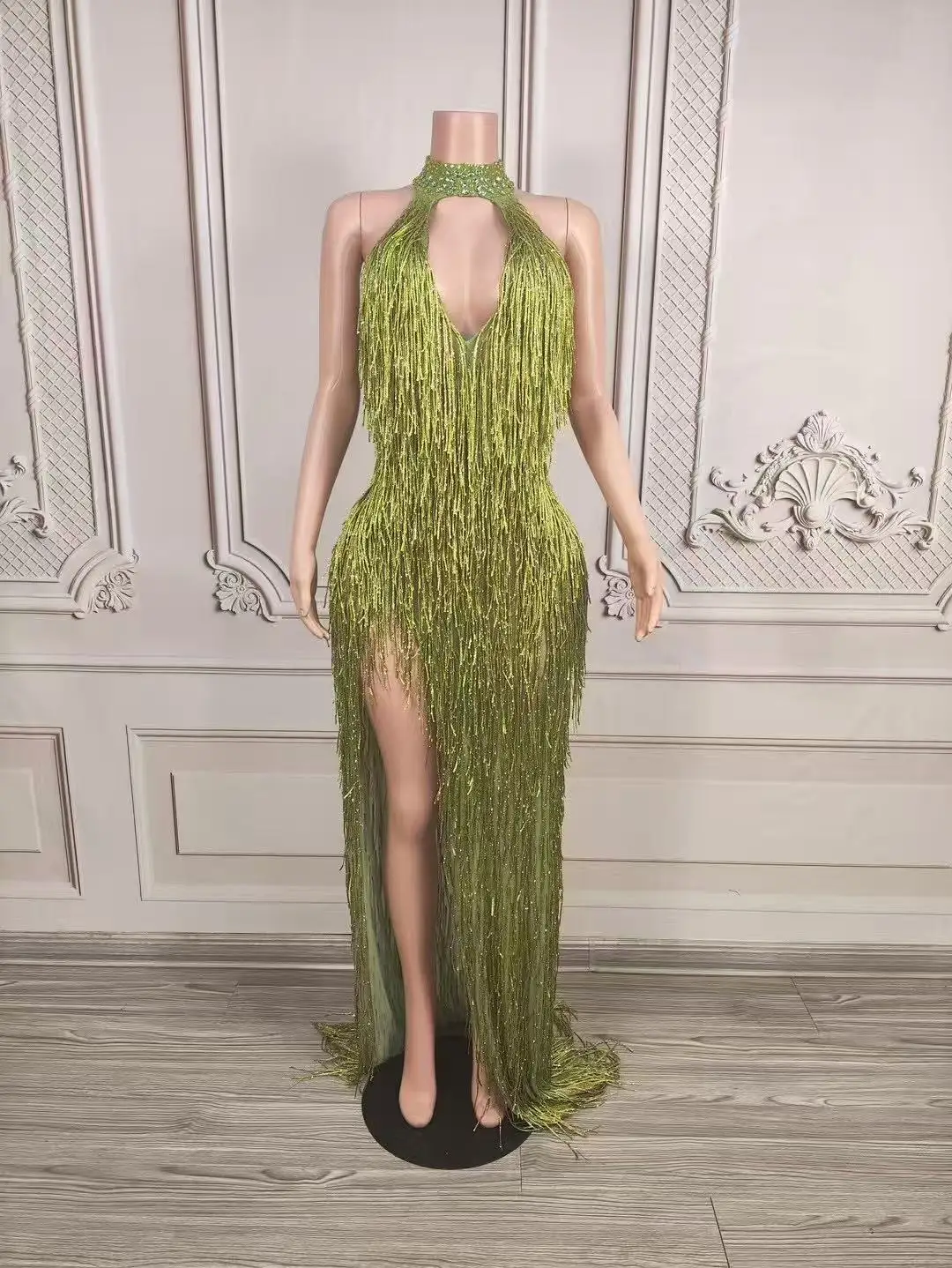 Evening Club Birthday Party Singer Stage costume Women Shiny Crystals Tassel Luxury Long Dress Sexy Elegant Prom Gown