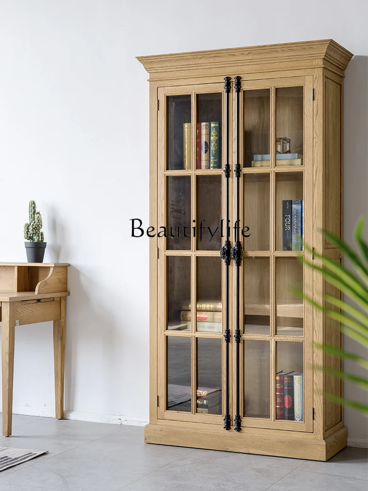 

New American-Style Country Oak Lock Bookcase European-Style Bookshelf Display Cabinet Wine Cabinet