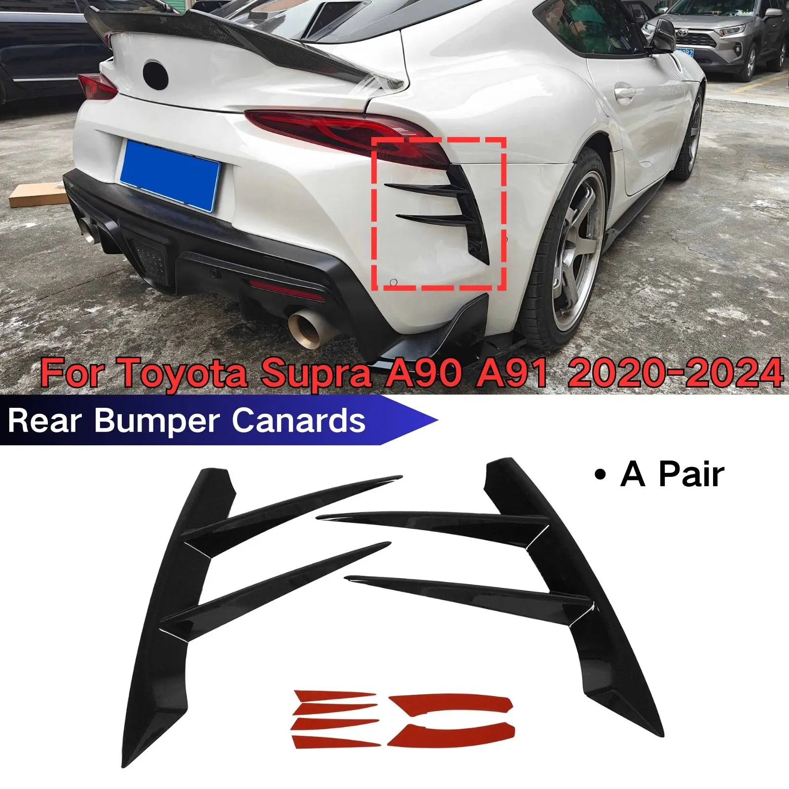 A Pair Rear Bumper Canards For Toyota Supra A90 A91 2020-2024 Body Kit Accessories Glossy Black Carbon Fiber Print ABS Plastic