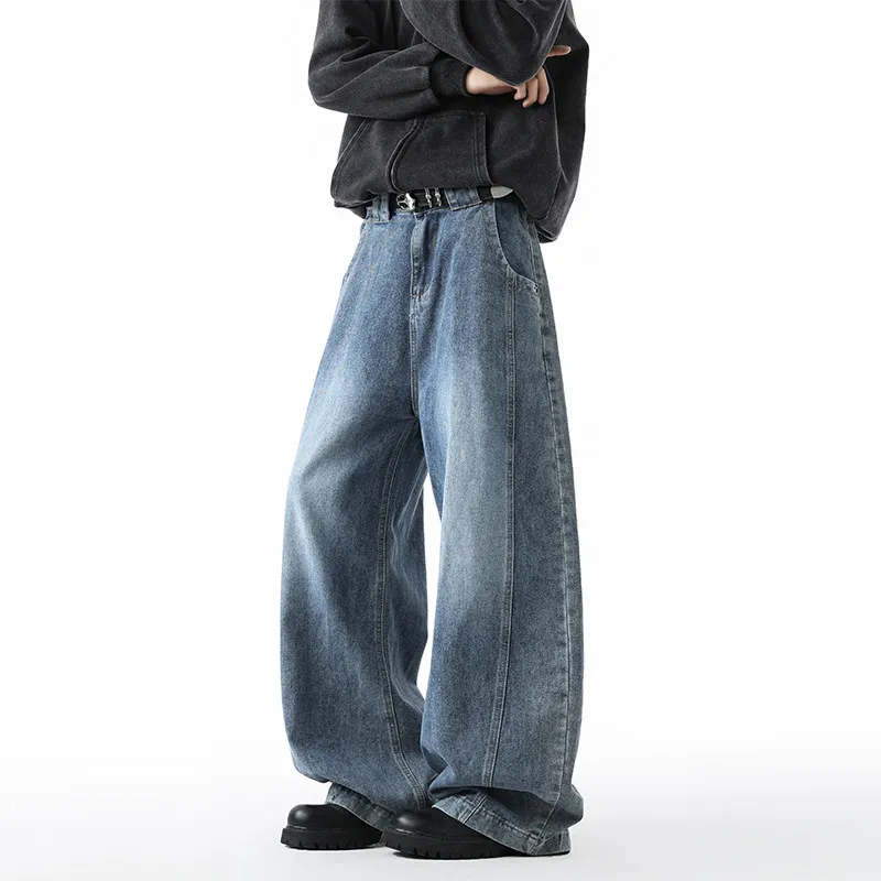 Men Vintage Gradient Washed Wide Leg Jeans Loose Baggy Panel Seam Denim Pants Clean Fit Casual Streetwear Long Trousers