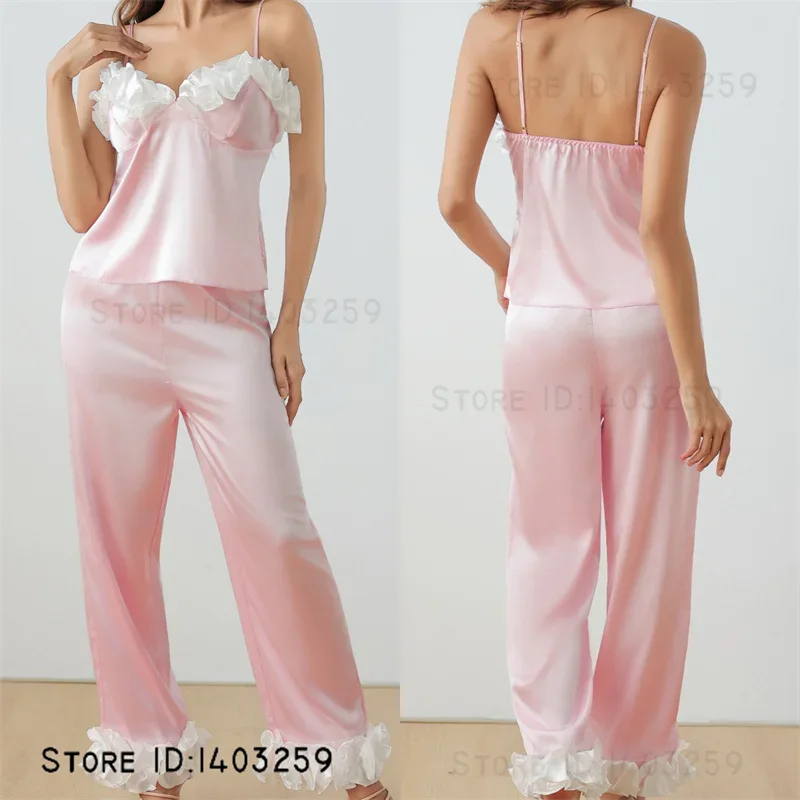 

Suspender Pajamas Set Sleepwear Sexy Lace Intimate Lingerie Pijamas Suit Nightwear Ice Silk Nightwear Homewear Loose Loungewear