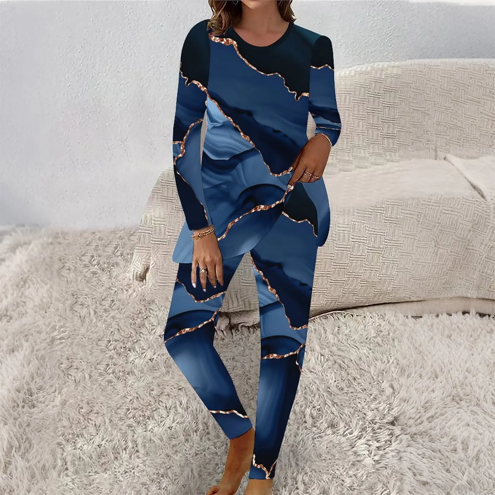2pcs Round-neck T-shirt Retro Elegant Two-piece Set Winter Women's Printed Jogging Pants Autumn Daily Fashion Long-sleeved