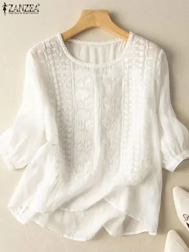 ZANZEA Blusas bordadas elegantes para Mujer otoño 2024 3/4 Blusas transparentes con mangas abullonadas Mujer Casual Vintage camisas de algodón Tops
