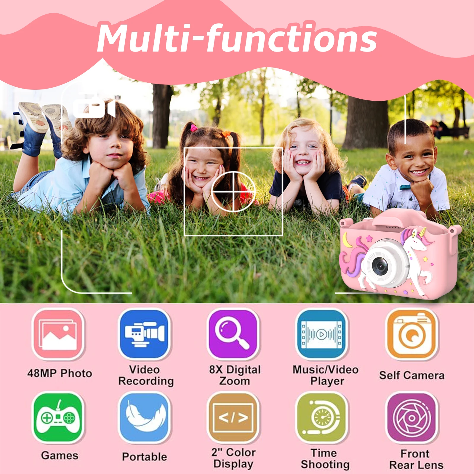 Cameraspeelgoed voor kinderen, eenhoorn- en dinosauruscameraspeelgoed 1080P high-definition camera, 6 opnamemodi, 32 GB geheugen, cadeau voor kinderen