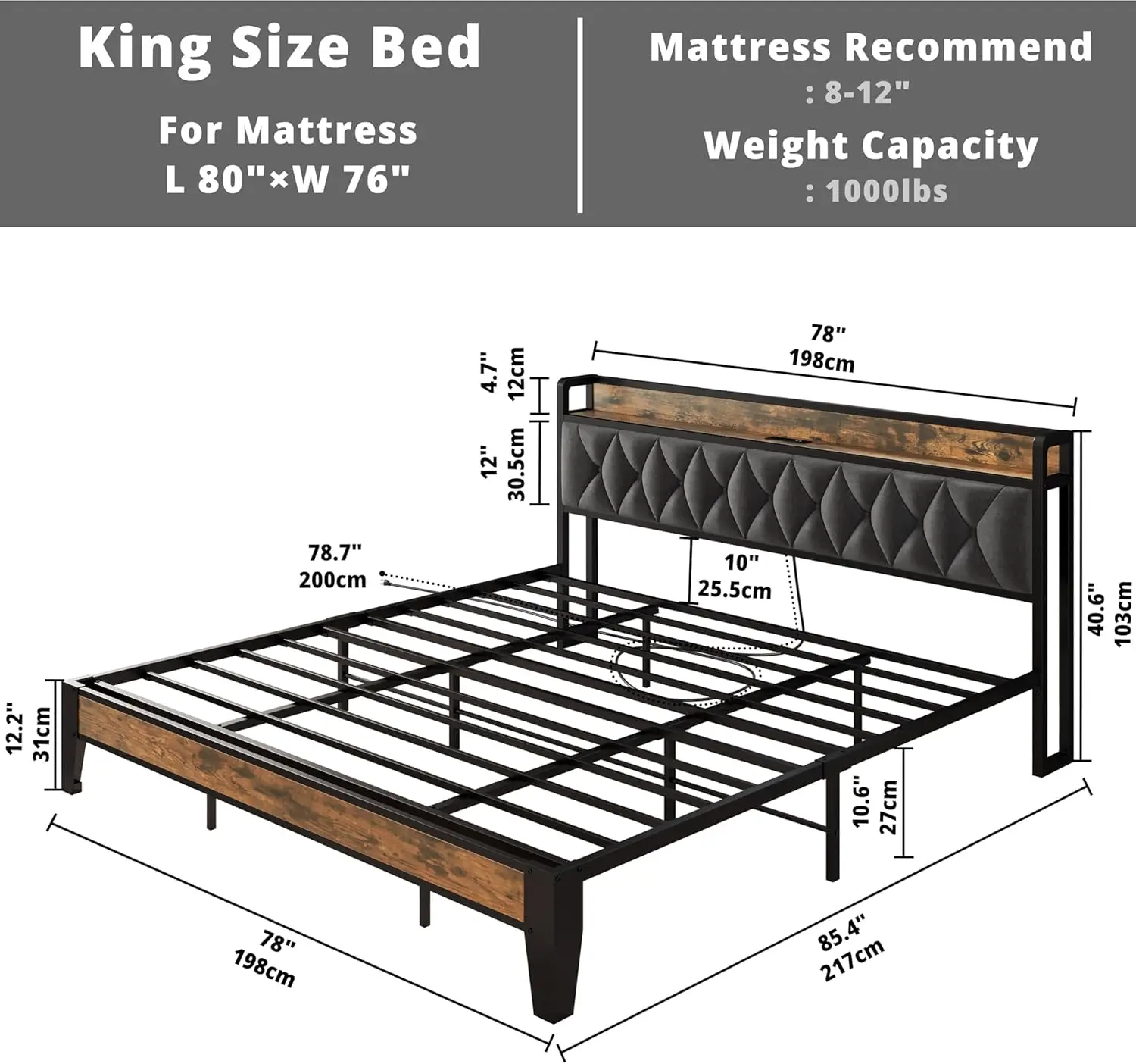 Extra Groot Bedframe, Opberghoofdeinde Met Stopcontact, Eenvoudig Te Installeren, Stevig En Stabiel, Ruisvrij, Geen Veerdoos Nodig