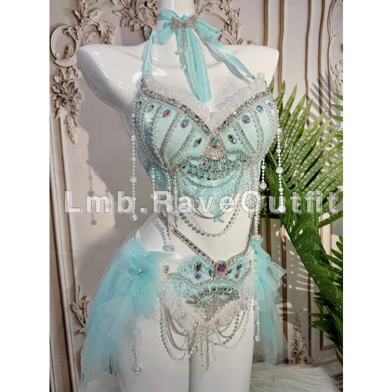 Customized Water Blue Pure Desire Wind Advanced Luxury Electric Syllable Photography Bar Performance Costume Bra+skirt+pants