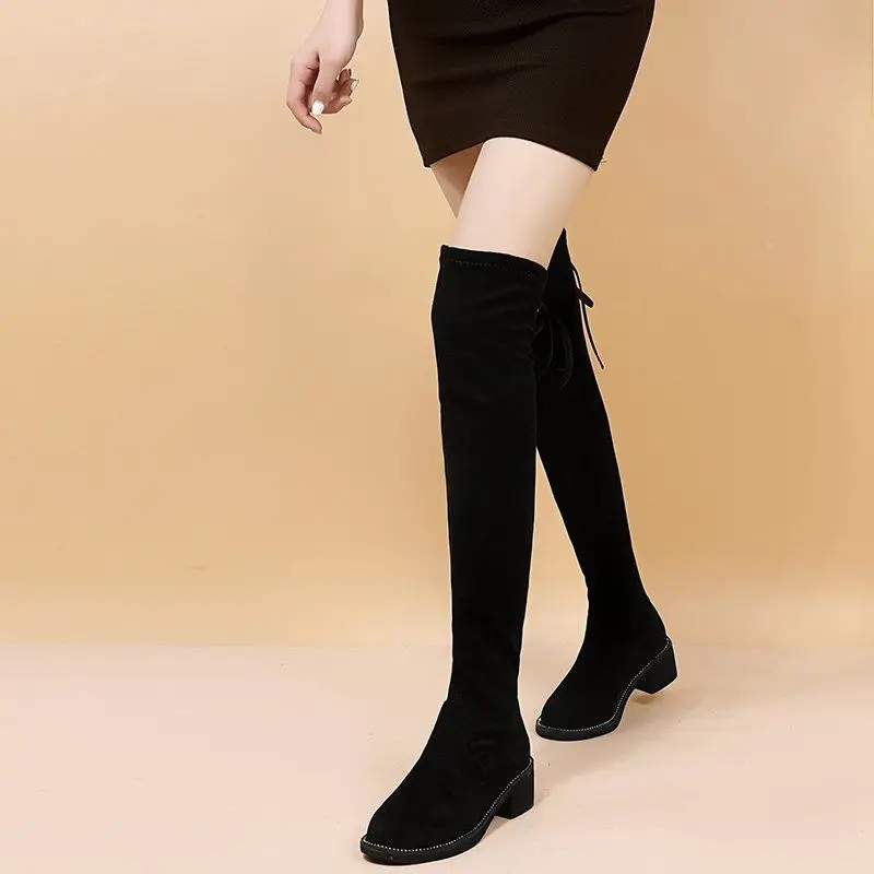 

Women's 2025 New Arrival Black Winter Over The Knee Boots Chunky Heel Fleece Lined Stretchy Lace Up Slimming All Match Boots
