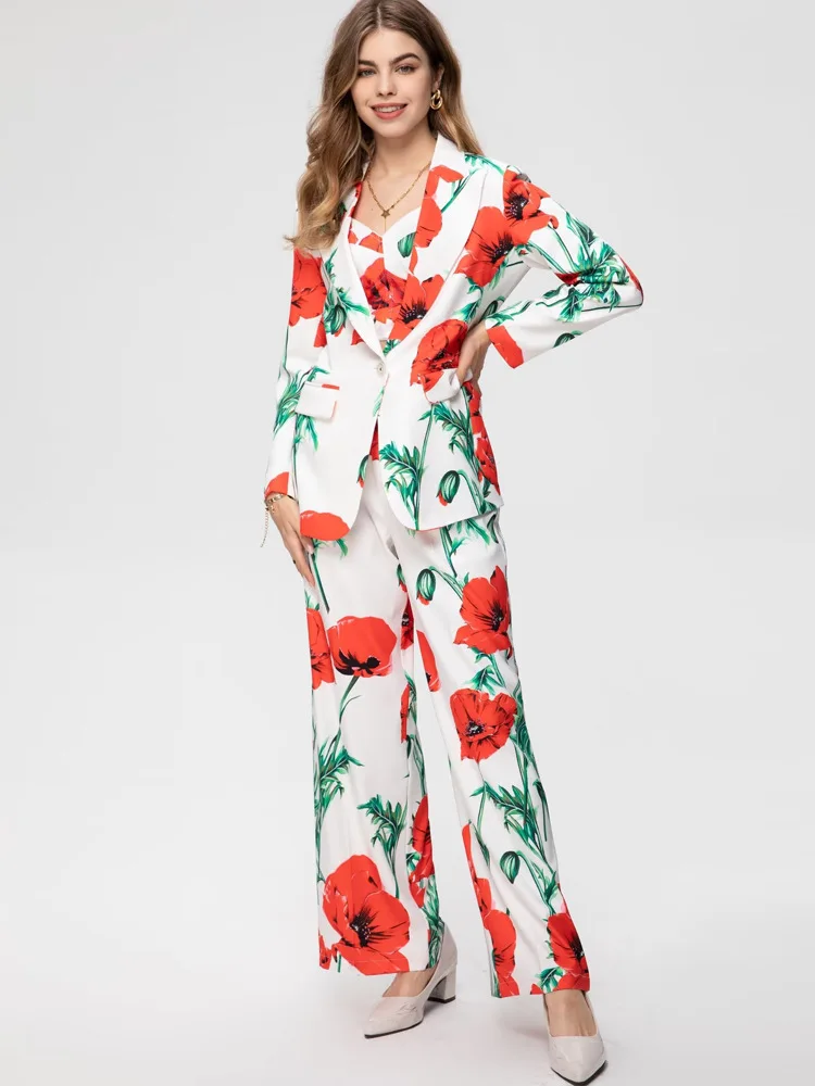 Ladies Suits Floral Blazer Loose Long Pants Set Stylish Spring Runway Luxury Designer Fashion For Women 2023