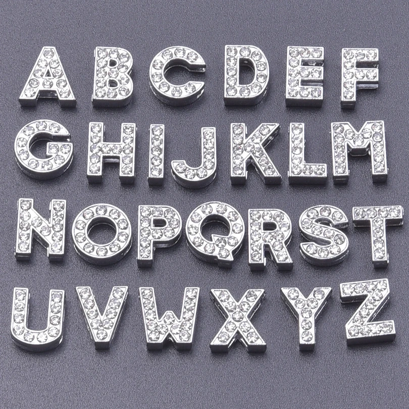 26Pcs/Lot 8mm DIY Initial Letter A-Z Slide Charms Crystal Word English Alphabet Breloques Fit Belt Pet Collar Bracelet Jewelry