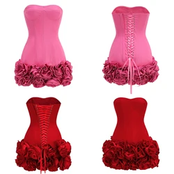 Women's Sexy Sleeveless Off Shoulder Self Tie Knot 3D Floral Embroidery Mini Dress Club Cocktail Birthday Party Short Dresses
