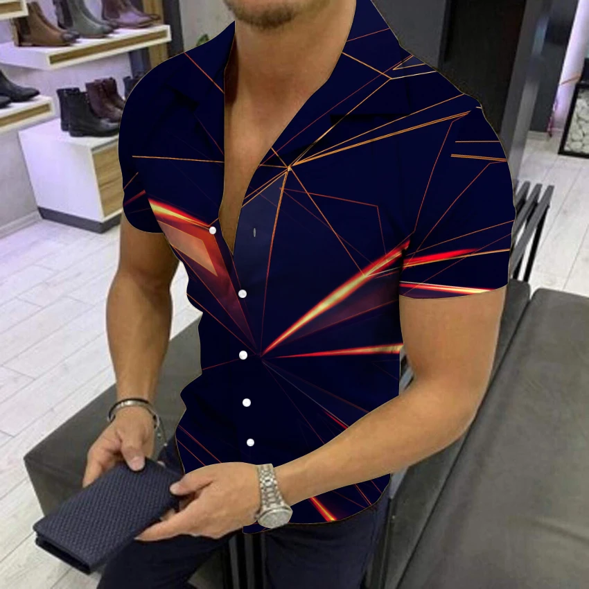 Summer Geometric 3D Printing Shirts Men Fashion Turn-down Collar Buttoned Shirt Casual Short Sleeve Cardigan Streetwear