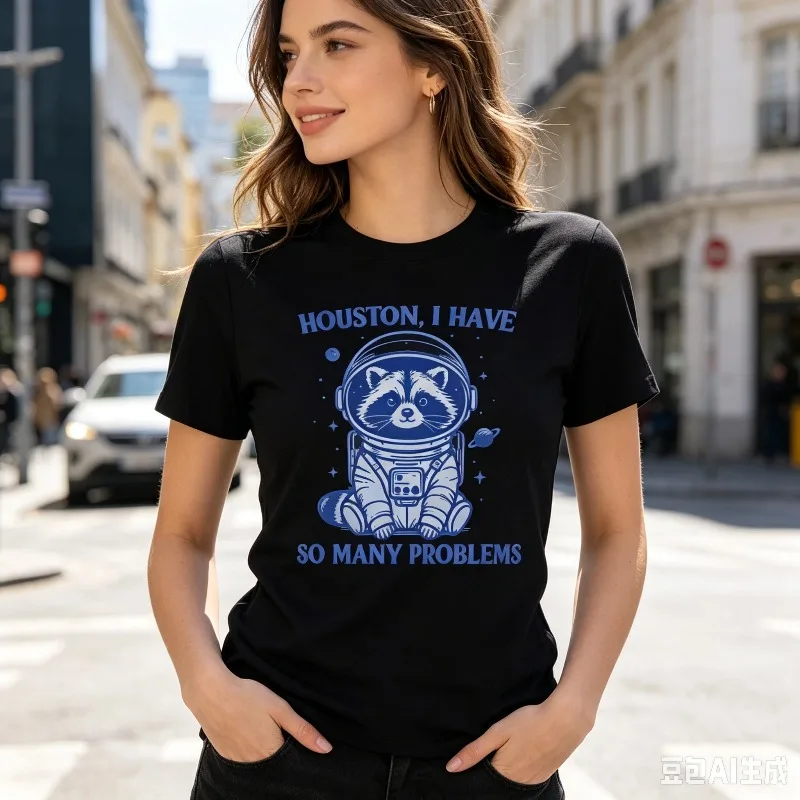 Women  Graphic T-shirt Houston I Have So Many Problems Astronaut Raccoon Vintage Print Casual Streetwear Short Sleeve Daily Top