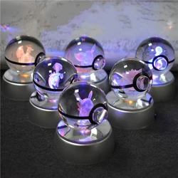 3D Laser Engraving Cartoon Pokemon Crystal Ball witl LED Light Base Pikachu Pokemon Ball Figurines Miniatures Decoration Crafts