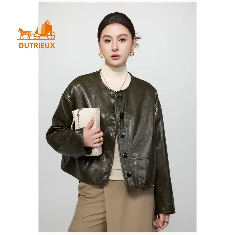 Giacca da donna in vera pelle con collo rotondo corto autunno inverno double face, vera pelle di pecora al 100%, cappotto elegante alla moda per donna