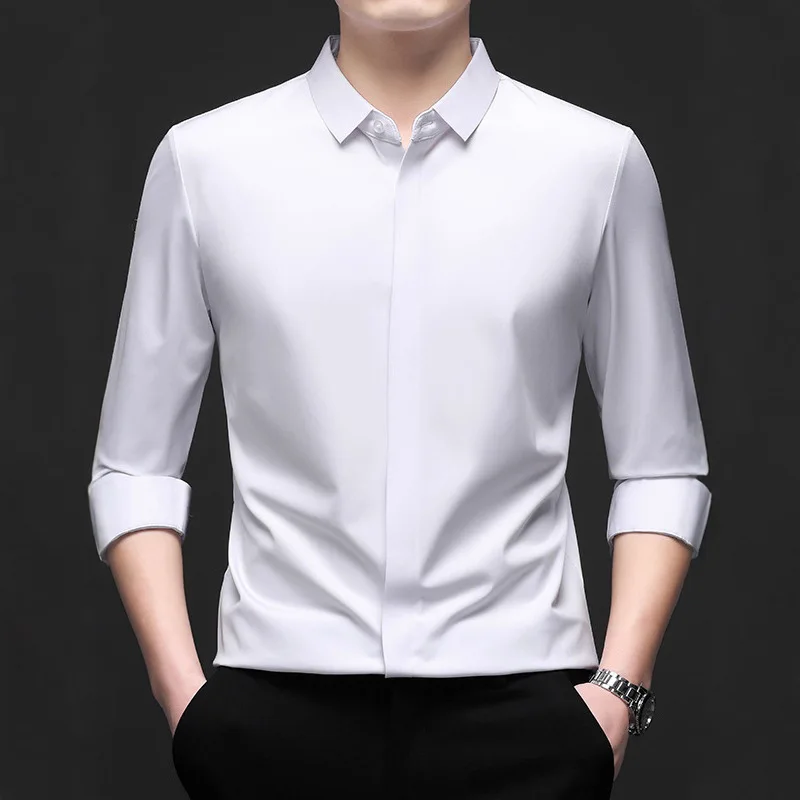 Trapdoor placket single-sided all-seamless shirt autumn men's solid color casual fashion long-sleeved shirt top men's trend