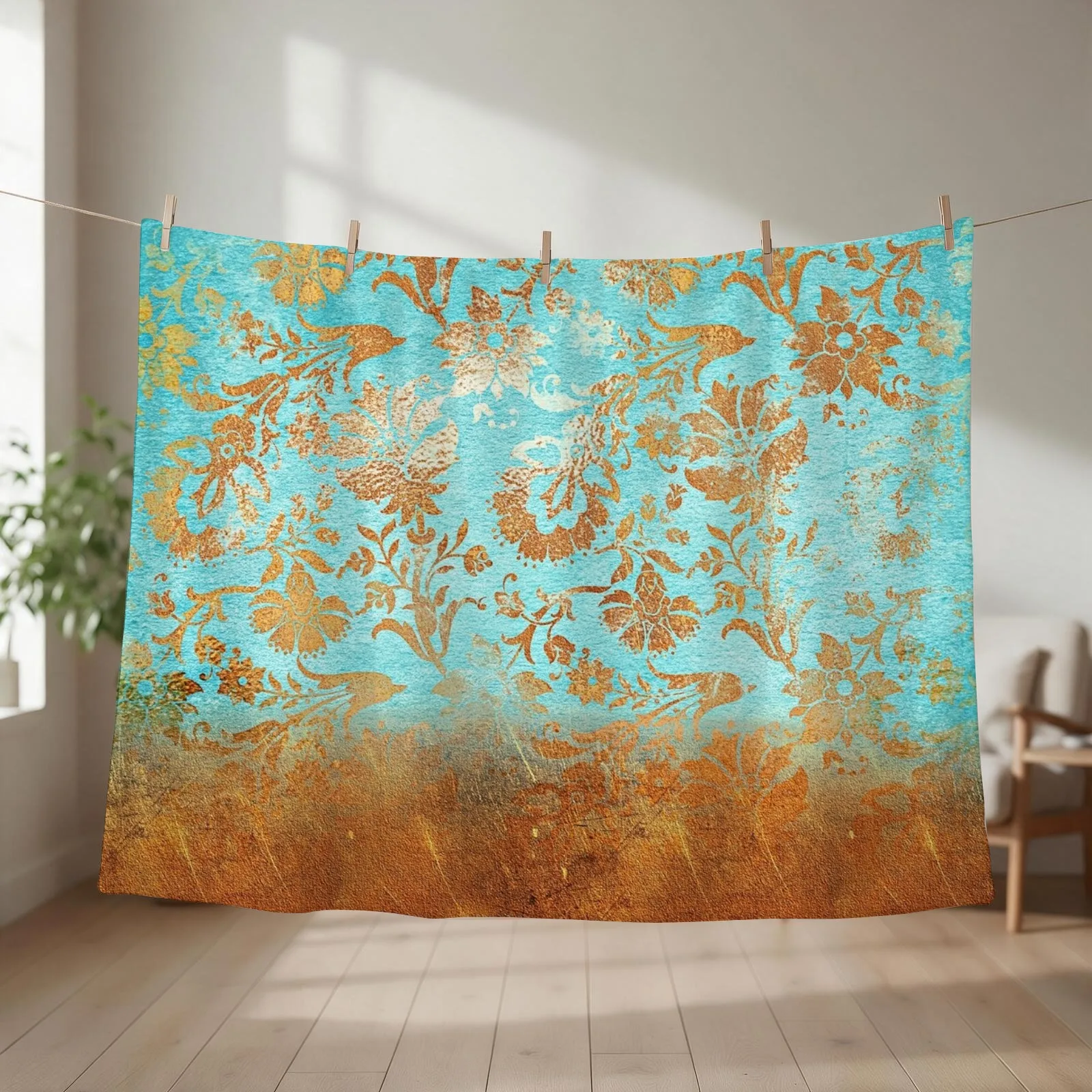 Turquoise Glamour Faux Copper Gatsby Damask Throw Blanket couch cozy soft plush fuzzy picnic outdoor blanket