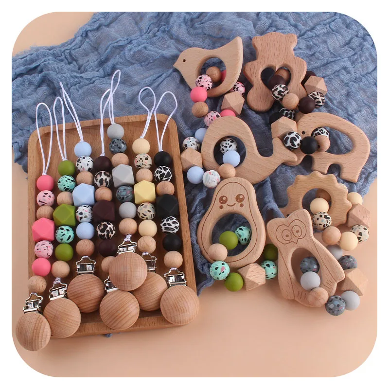 Baby Wooden Pacifier Clip Rattles Set Animal Elephant Whale Teether Silicone Anise Beads Baby Nipple Anti-Dorp Chain Care Toy