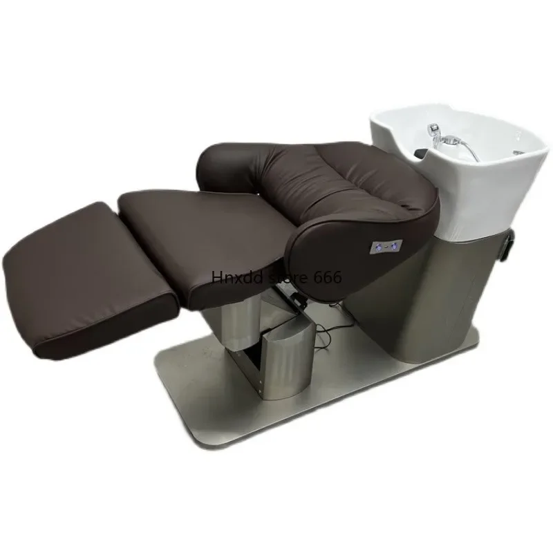 Electric lift barber shop special semi-reclining hair shampoo bed ceramic basin flushing bed