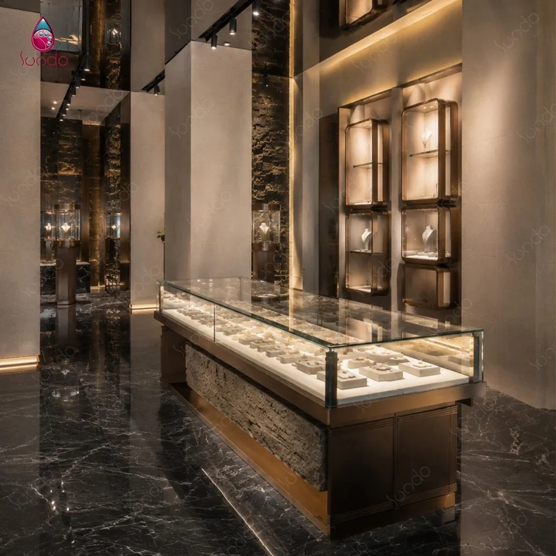 custom.Sundo Stainless Steel Tempered Glass LED Lighting Jewelry Showcase with Lockable Cabinet Luxury Retail Display Waterproof