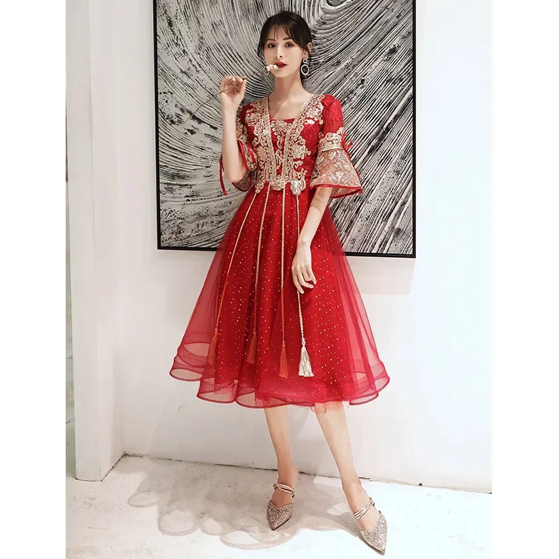 Prom Gowns Burgundy Golden Appliques Half Sleeves Lace up A-line Tea-length Plus size Pregnancy Women Party Formal Dress R1543