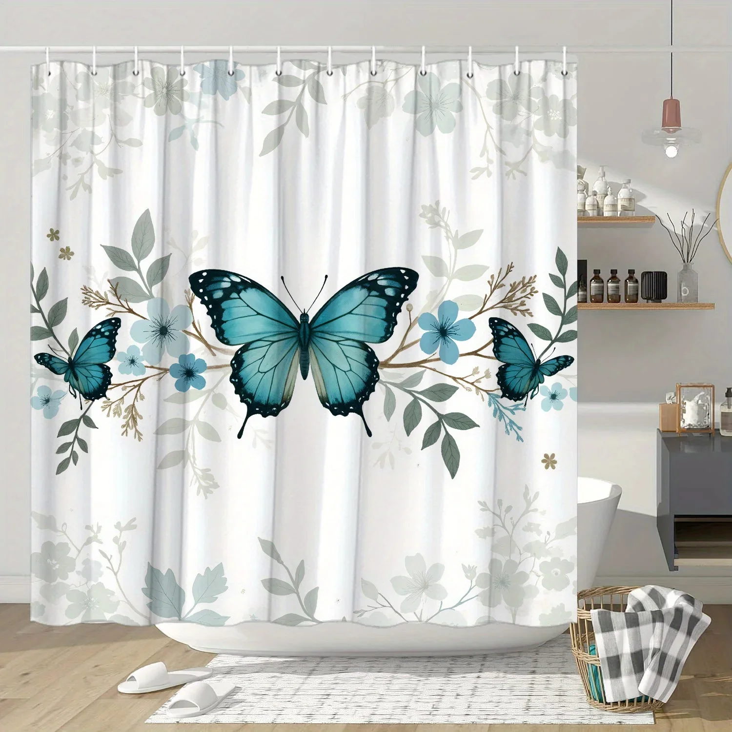 

Elegant Butterfly & Floral Shower Curtain - Teal, Black, White on Light Gray, Whimsical Nature Design, Polyester, 12 Hooks