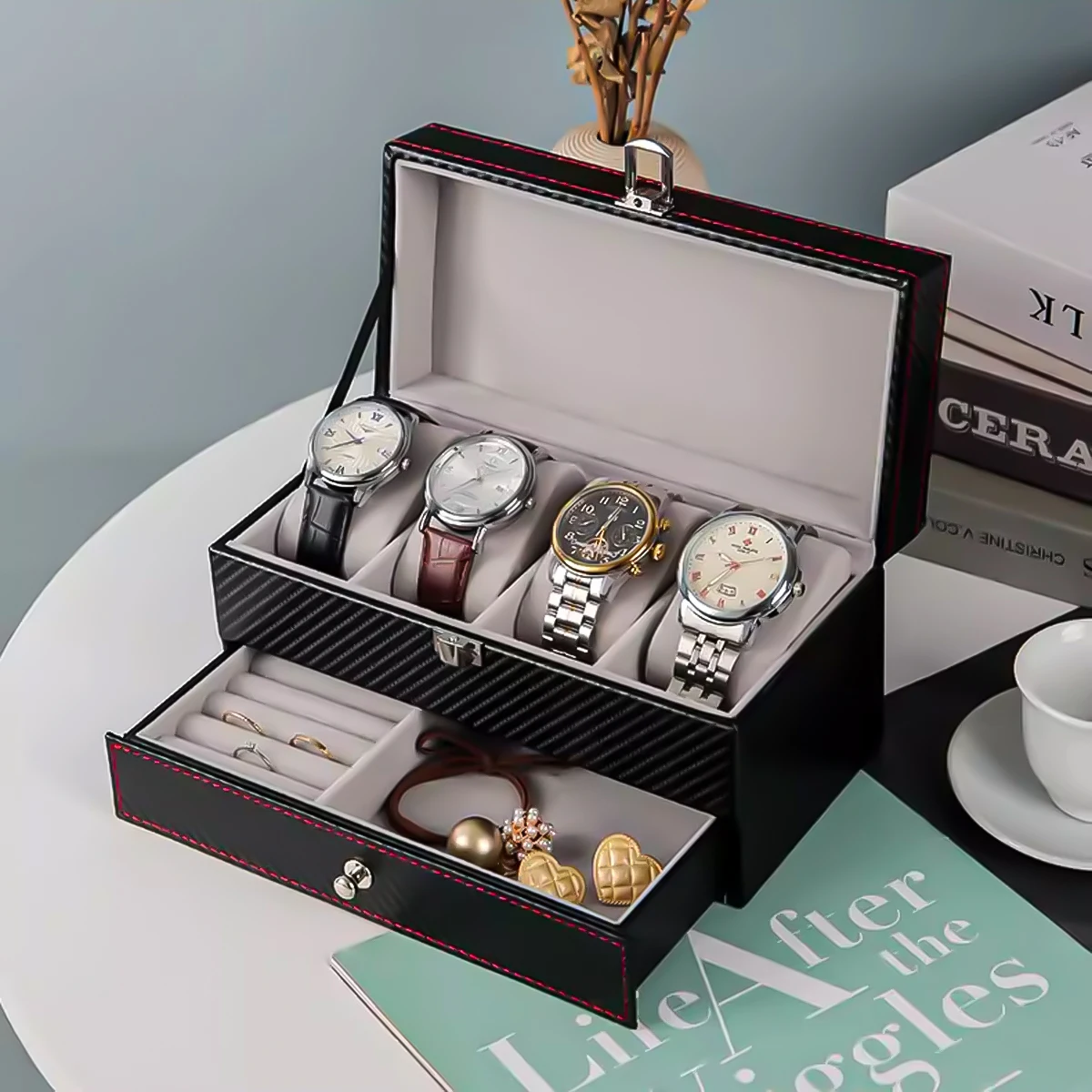 2-Tier Organizer Watch Showcase ﻿ Leather Lockable Watch Storage Boxes Men & Women's Jewelry Display Drawer Case