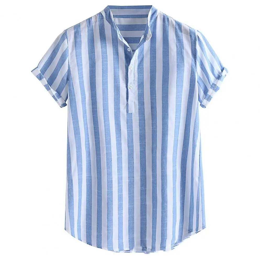 

Cotton Linen Shirt Men's Summer Short-sleeved Striped Shirts Solid Color Turn-down Collar Casual Beach Style Blouse Top Pullover